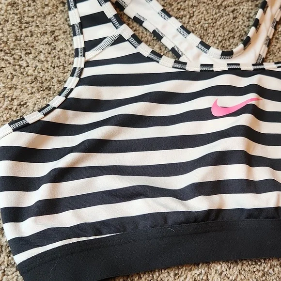 Nike | Black White Stripped Sports Bra w/ Pink Swoosh & Racerback - Picture 4 of 8